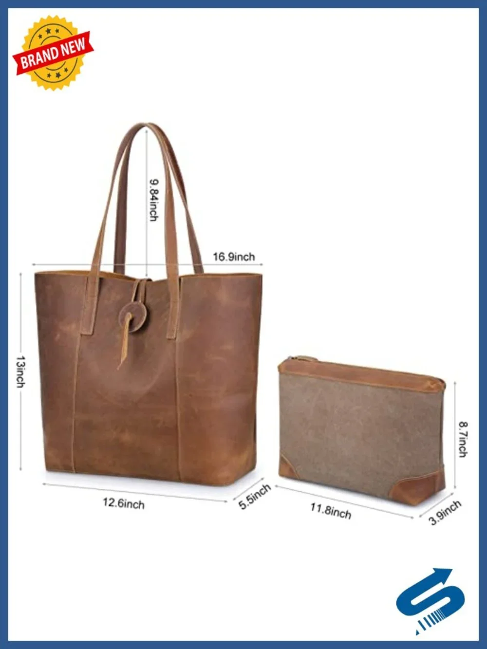 Vintage Top Grain Leather Tote Bag Women Large Shoulder Purse Laptop Handbag